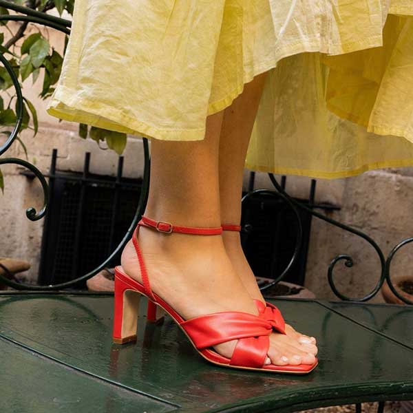 Mi/Mai Mon red leather mid heel sandal on model 