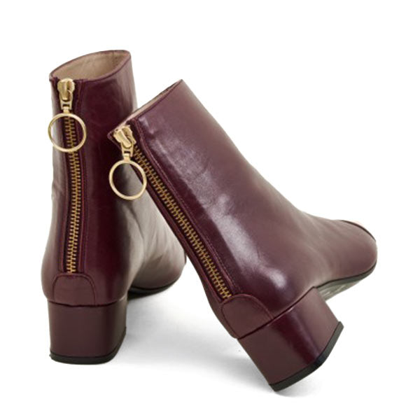 Mint&amp;Rose sol wine leather ankle boot with low heel and gold back zip 