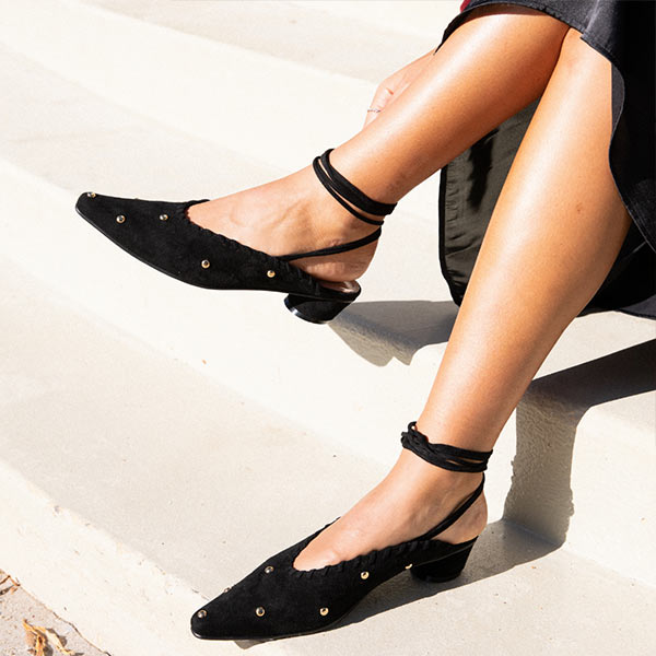 Reike Nen Turnover Dot Black Low heel mule with ankle tie lifestyle 5