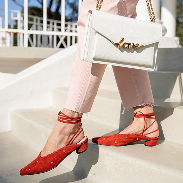 Reike Nen Turnover Dot Red Low heel mule with ankle tie lifestyle 10