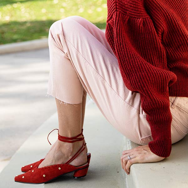 Reike Nen Turnover Dot Red Low heel mule with ankle tie lifestyle 6