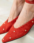 Reike Nen Turnover Dot Red Low heel mule with ankle tie lifestyle 7