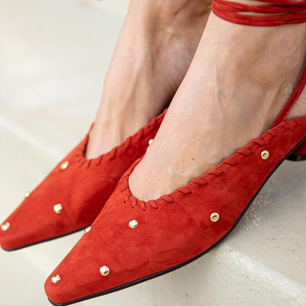 Reike Nen Turnover Dot Red Low heel mule with ankle tie lifestyle 7