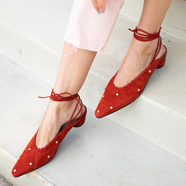 Reike Nen Turnover Dot Red Low heel mule with ankle tie lifestyle 8