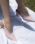 Reike Nen pointed toe buckled slingback pump lavender pink on model close up 2