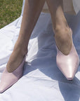 Reike Nen pointed toe buckled slingback pump lavender pink on model close up 3