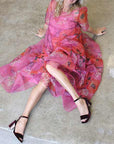 baltarini camelia raspberry velvet high heel sandal on model 2