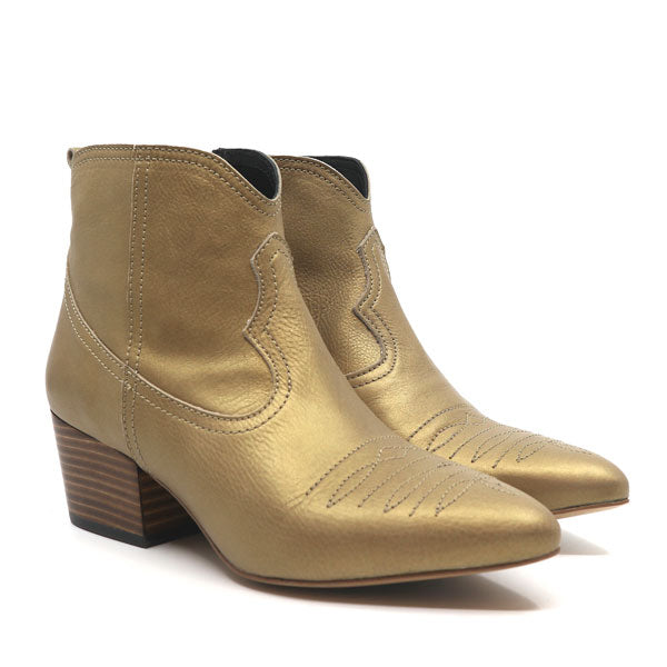 baltarini Giselle Gold western-style mid heel ankle boot angle