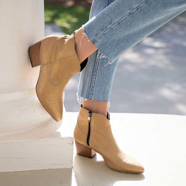 baltarini Giselle Gold western-style mid heel ankle boot lifestyle 2