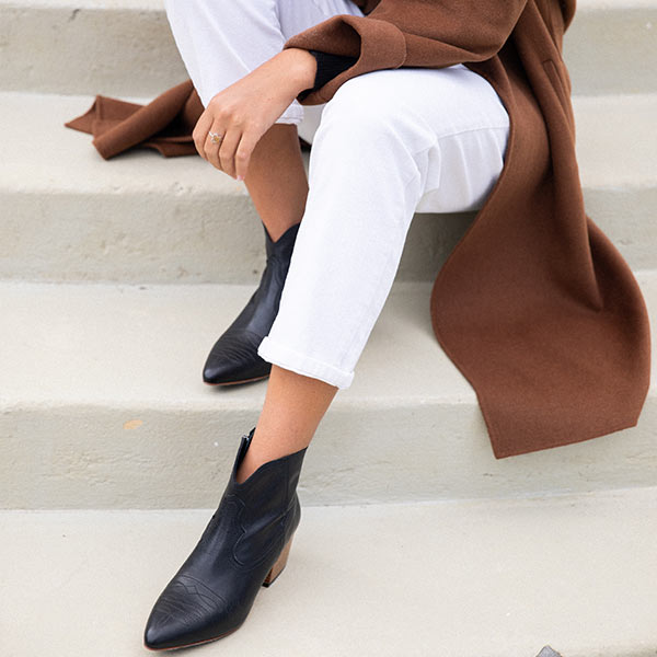 baltarini Giselle Black Western-style mid heel ankle boot lifestyle 3
