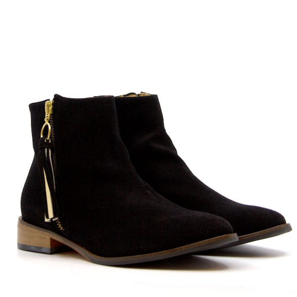 Erin by Emma Go, black flat suede ankle boot - angle