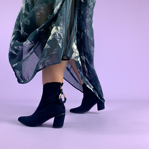 Reike Nen Oblique Ring Navy Mid heel patent leather ankle boot lifestyle 2