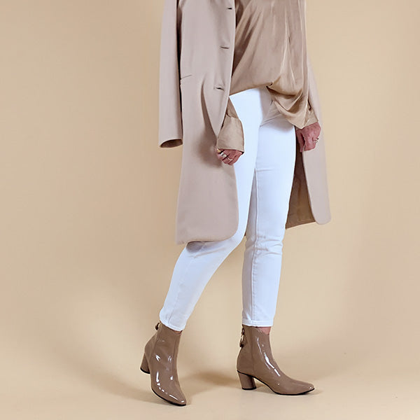 Reike Nen Oblique Ring Beige Mid heel patent leather ankle boot lifestyle 5