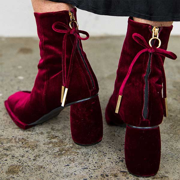 Reike Nen Square Velvet Burgundy High heel ankle boot lifestyle 3