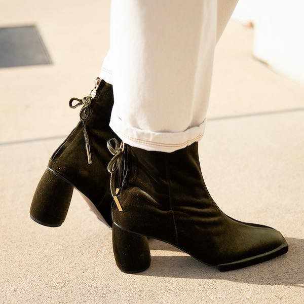Reike Nen Square Velvet Olive High heel ankle boot lifestyle 2