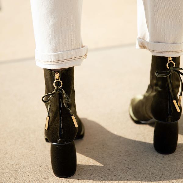 Reike Nen Square Velvet Olive High heel ankle boot back