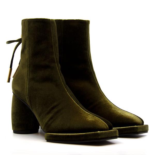 Reike Nen Square Velvet Olive High heel ankle boot angle